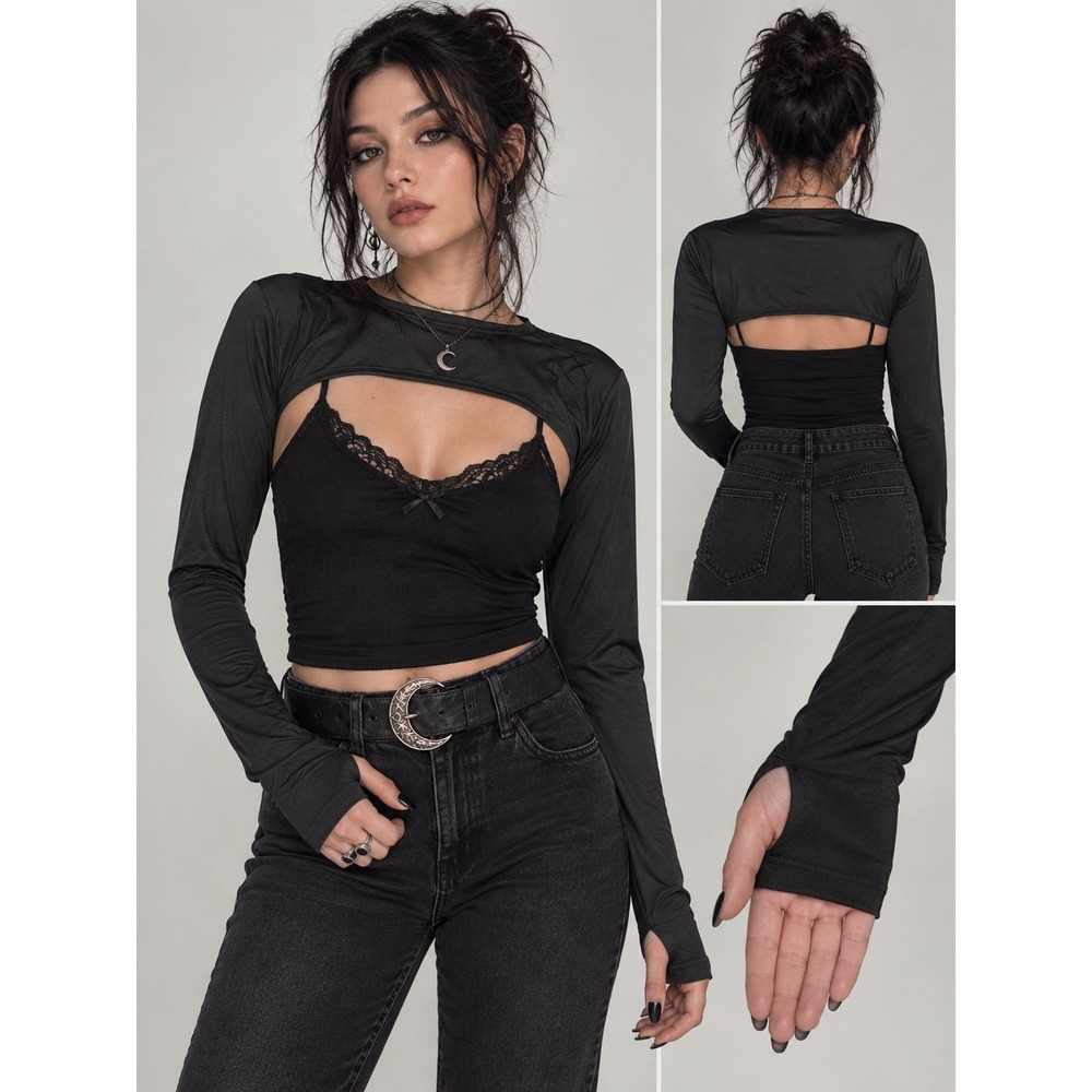 Goth Grunge Black Cropped Shrug Thumb Hole Sleeves Clubwear XS Alt Emo Rave